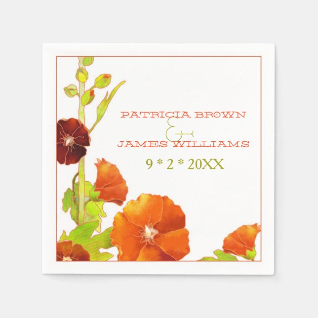 Chic Red Hollyhocks Floral Wedding Napkin (Front)