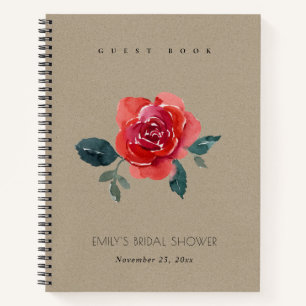 CHIC RED KRAFT ROSE FLORAL BRIDAL SHOWER GUESTBOOK NOTEBOOK
