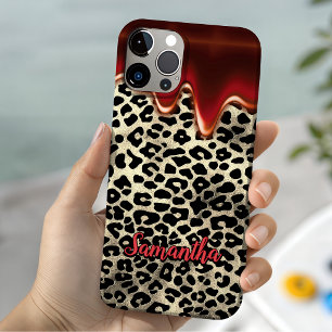 Chic Red Leopard Print Dripping Monogram iPhone 16 Case