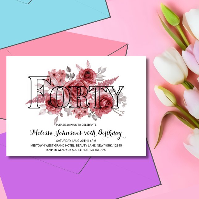 Chic Red Maroon Greenery Floral 40th Birthday Invitation (Creator Uploaded)