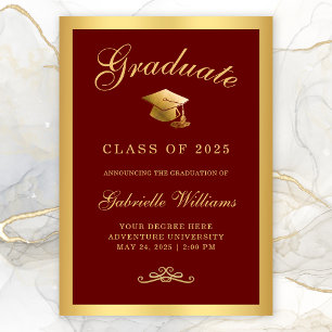 Chic Red Marroon Gold Frame Script Graduation Announcement
