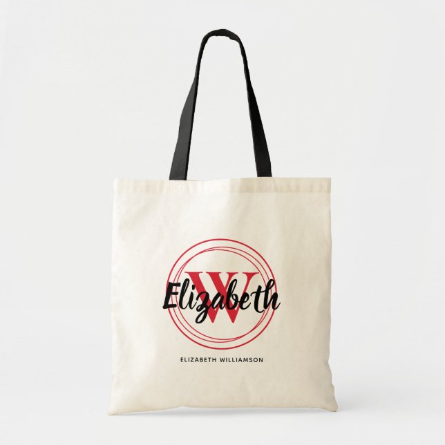 Chic Red Monogram Initial Script Name Tote Bag (Front)