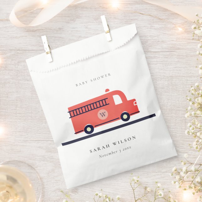 Chic Red Navy Fire Truck Engine Baby Shower Favour Bag (Clipped)