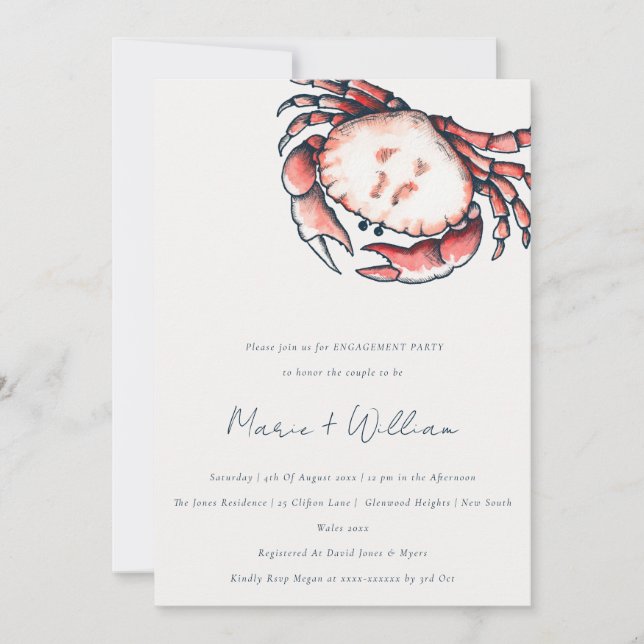 Chic Red Navy Underwater Crab Nautical Engagement Invitation (Front)