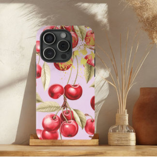 Chic Red, Pastel Mauve Cherry Fruit with Gold iPhone 15 Case