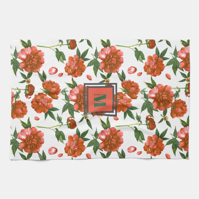 Chic Red Peonies Blooming Flowers Pattern Monogram Kitchen Towel (Horizontal)