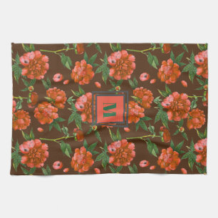 Chic Red Peonies Blooming Flowers Pattern Monogram Kitchen Towel