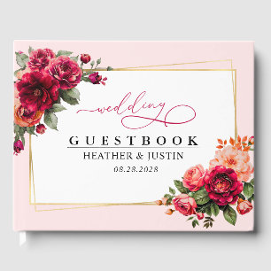 Chic red pink floral and faux gold wedding guest book