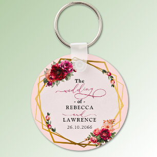 Chic red pink floral and faux gold wedding keychain