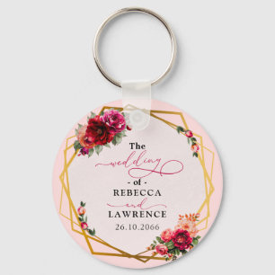 Chic red pink floral and faux gold wedding keychain