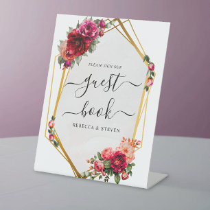 Chic red pink floral and faux gold wedding pedestal sign
