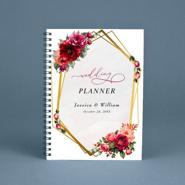 Chic red pink floral and faux gold wedding planner (Creator Uploaded)