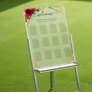 Chic red pink floral and faux gold wedding seating acrylic sign