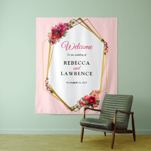 Chic red pink floral and faux gold wedding tapestry