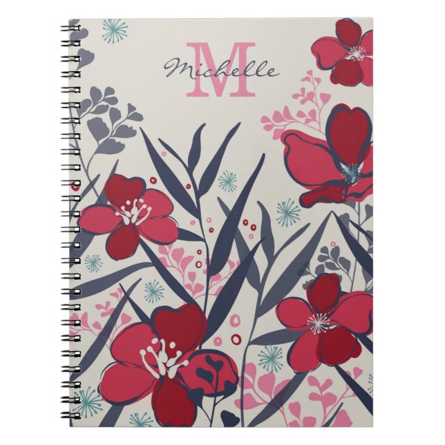 Chic Red & Pink Floral Monogram Notebook (Front)