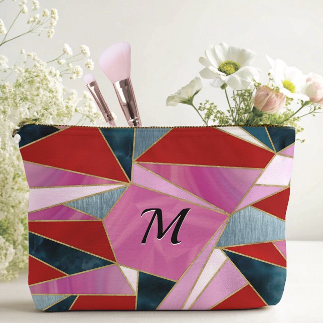 Chic red pink grey abstract geometric accessory pouch (Creator Uploaded)