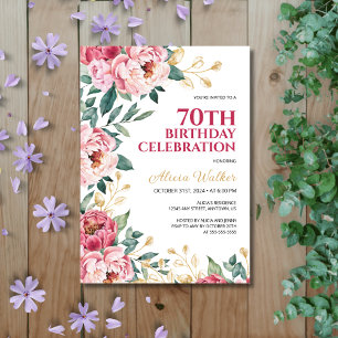 Chic Red Pink Peony Flower Gold Leaf Birthday  Invitation