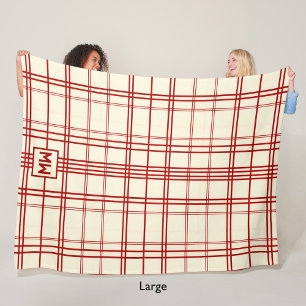 Chic red pinstripe plaid cream monogram fleece blanket