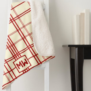 Chic red pinstripe plaid cream monogram sherpa blanket