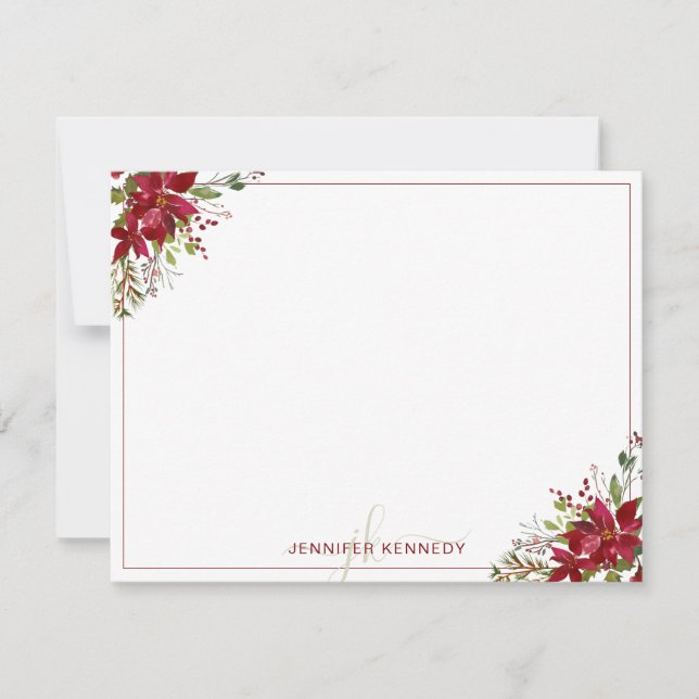 Chic Red Poinsettia Christmas Watercolor Floral  Card (Front)