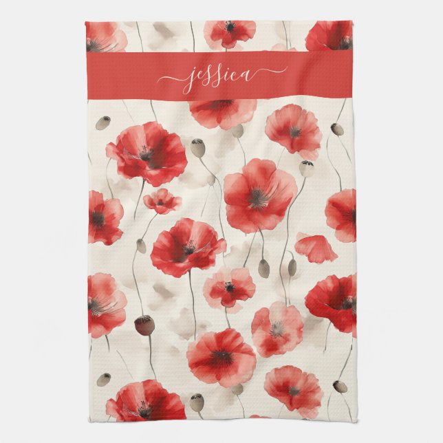 Chic red poppies script name  kitchen towel (Vertical)