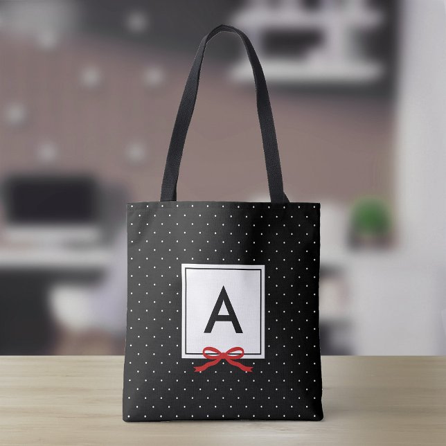 Chic Red Ribbon Black Polka Dot Pattern Monogram Tote Bag (Creator Uploaded)