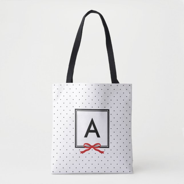 Chic Red Ribbon Polka Dot Pattern Monogram Tote Bag (Front)