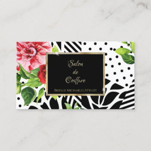 Chic Red Rose Black Geometric Gold Frame Salon Business Card