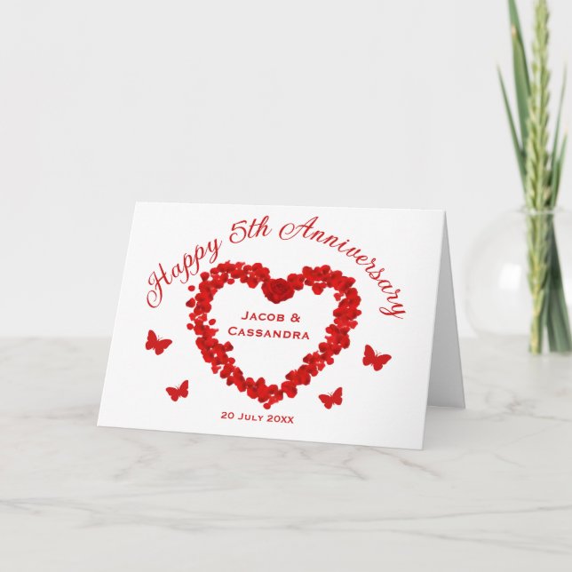 Chic Red Rose Heart Butterflies Photo Anniversary Card (Front)