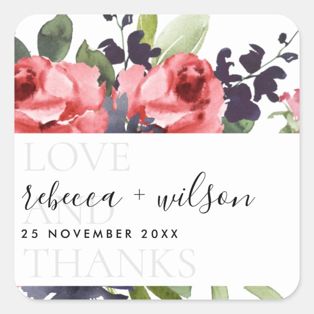 CHIC RED ROSE PEONY FLORAL LOVE AND THANKS WEDDING SQUARE STICKER (Front)