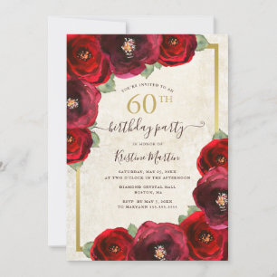 Chic Red Rose Watercolor Floral Gold 60th Birthday Invitation