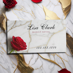 Chic Red Rose White Marble Gold Vein Makeup Artist Business Card