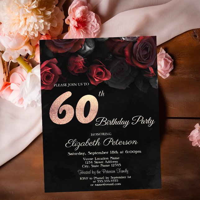 Chic Red Roses Black 60e anniversaire Invitation (Créateur téléchargé)