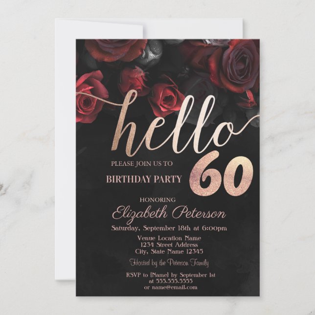 Chic Red Roses Black 60th Birthday Party Invitation (Front)