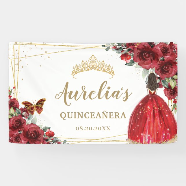 Chic Red Roses Floral Quinceañera Welcome Backdrop Banner (Horizontal)