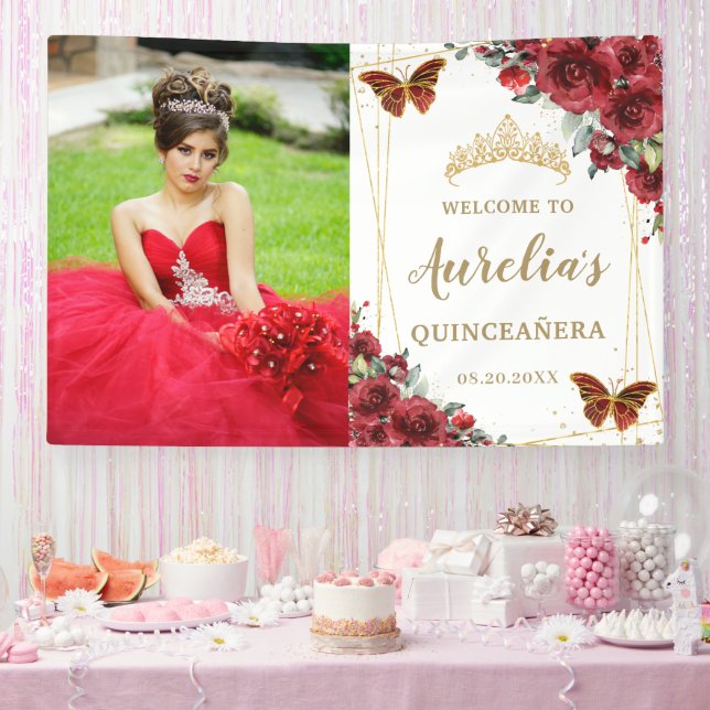 Chic Red Roses Floral Quinceañera Welcome Backdrop Banner (Party)