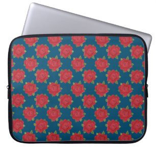 Chic Red Roses on Blue Neoprene Laptop Sleeve
