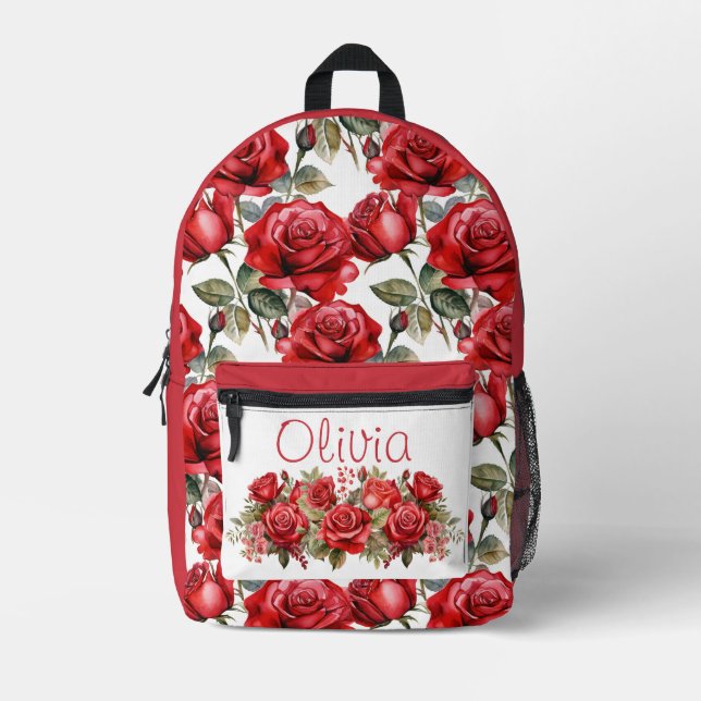 Chic Red Roses Printed Backpack (Front)