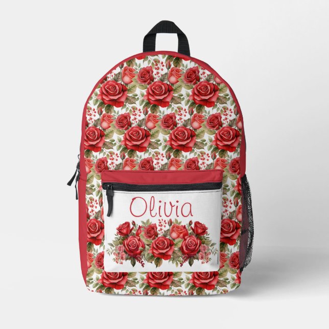 Chic Red Roses Printed Backpack (Front)