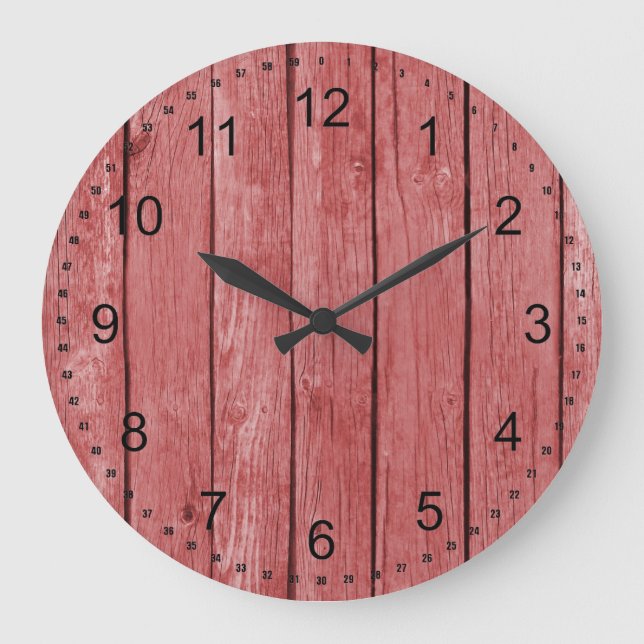 Chic Red Rustic Faux Wood Large Clock (Front)