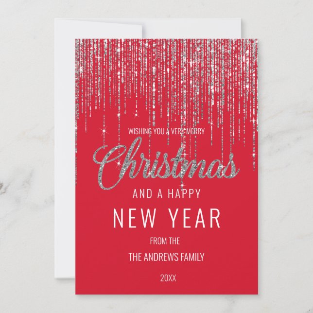 Chic Red Silver Glitter Fringe Curtain Christmas H Holiday Card (Front)