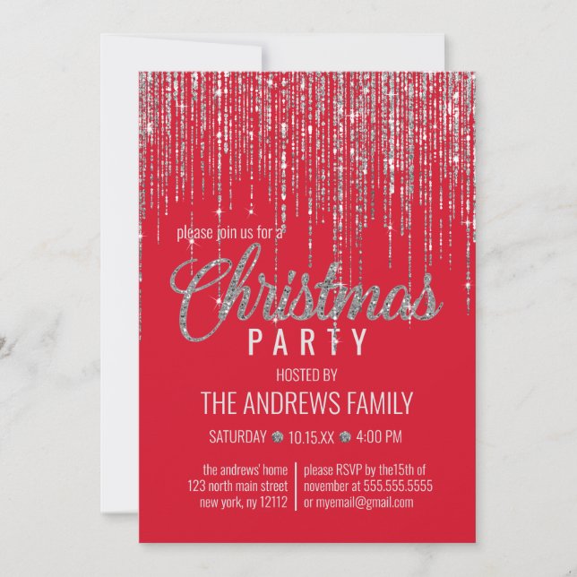 Chic Red Silver Glitter Fringe Curtain Christmas Invitation (Front)