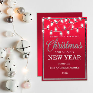 Chic Red Silver Hanging Lights Glitter Christmas Holiday Card