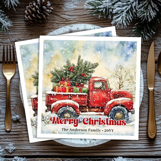 Chic red truck Christmas scene holiday napkins set (Chic red truck Christmas scene holiday napkins set)