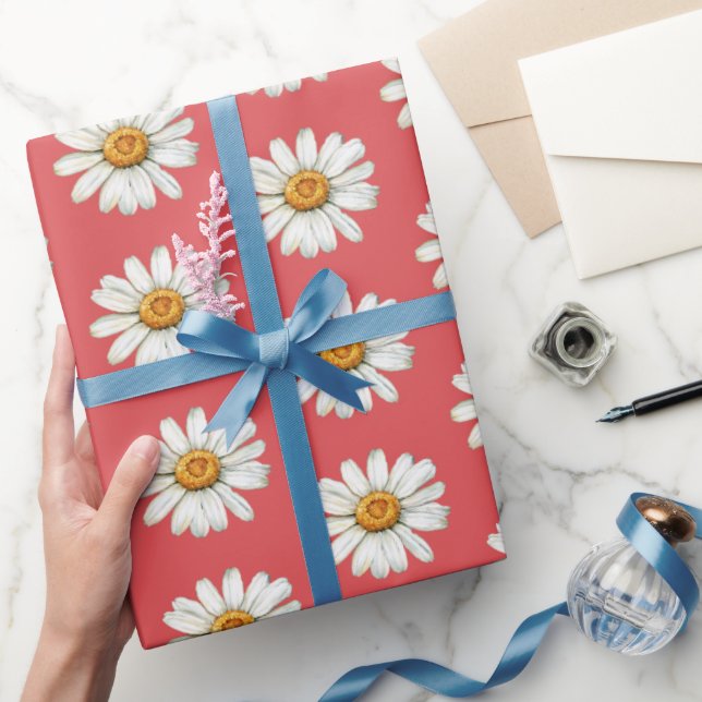 Chic Red White Daisy Flowers Birthday Wrapping Paper (Gifting)