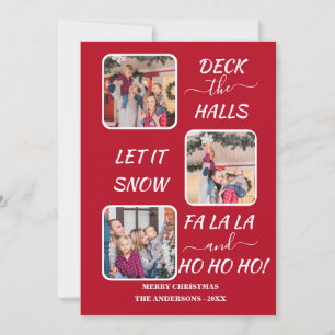 Chic Red White Fun Three Photos Christmas Holiday Card