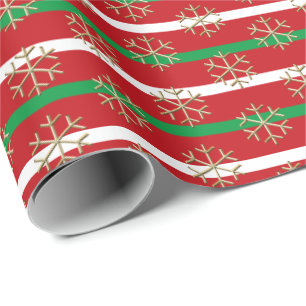 Chic red white green gold stripes & snowflakes wrapping paper