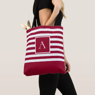 CHIC RED WHITE STRIPE Square Letter Monogram Tote Bag