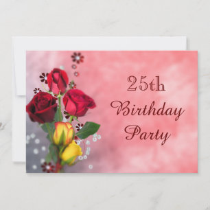 Chic Red & Yellow Roses 25th Birthday Invitation