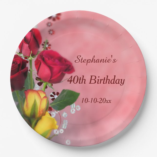 Chic Red & Yellow Roses 40th Birthday Paper Plate (Front)
